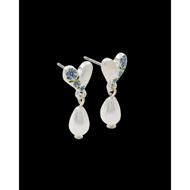 Fable England Forget Me Not Heart & Pearl Silver Earrings