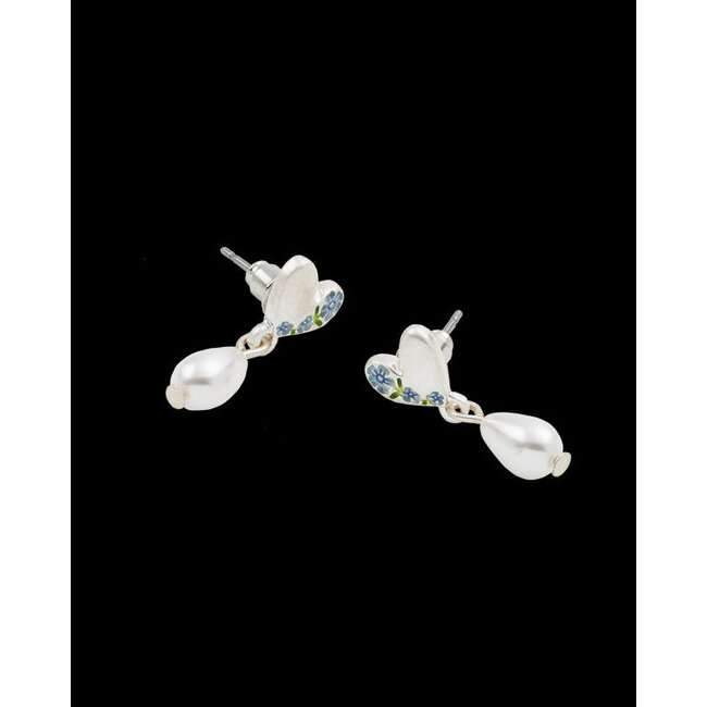 Fable England Forget Me Not Heart & Pearl Silver Earrings