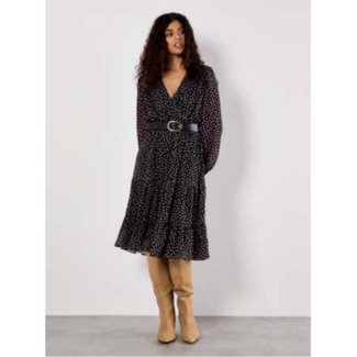 Apricot Polka Dot Chiffon Wrap Long Sleeve Dress
