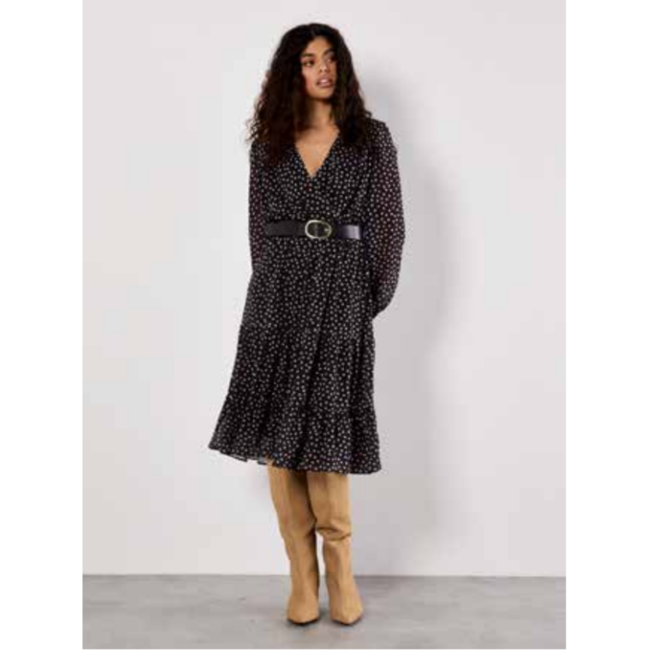 Apricot Polka Dot Chiffon Wrap Long Sleeve Dress