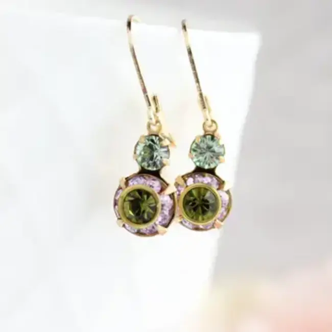 A Pocket of Posies Small Glass Drop Earrings - Violet Purple & Olivine Green