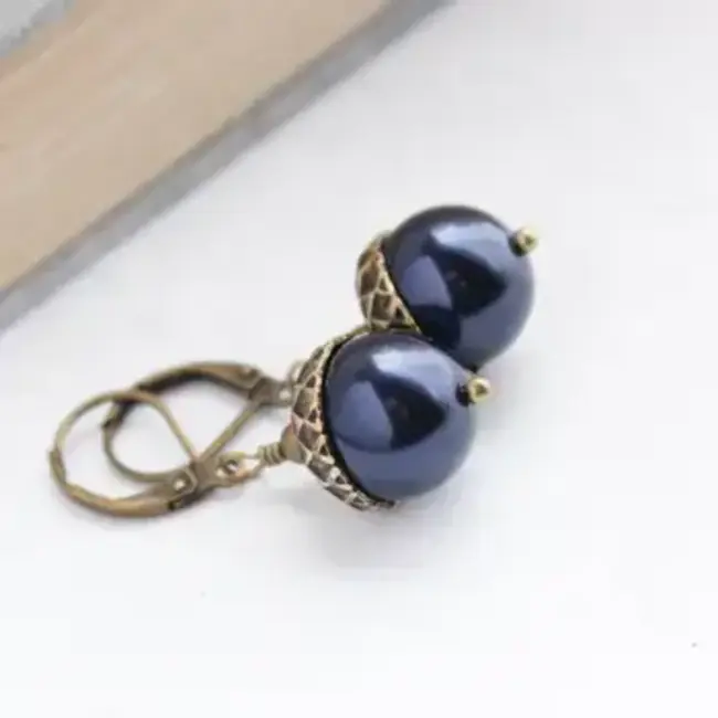 A Pocket of Posies Acorn Earrings Antiqued Brass in Midnight Blue