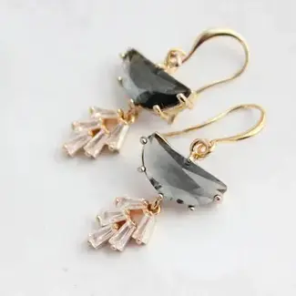 A Pocket of Posies Art Deco Earrings - Half Moon Sparkling Leaf Drop in Smoke Grey