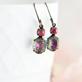 A Pocket of Posies Etched Floral Drop Earring with Aurora Iridescent Oval Glass
