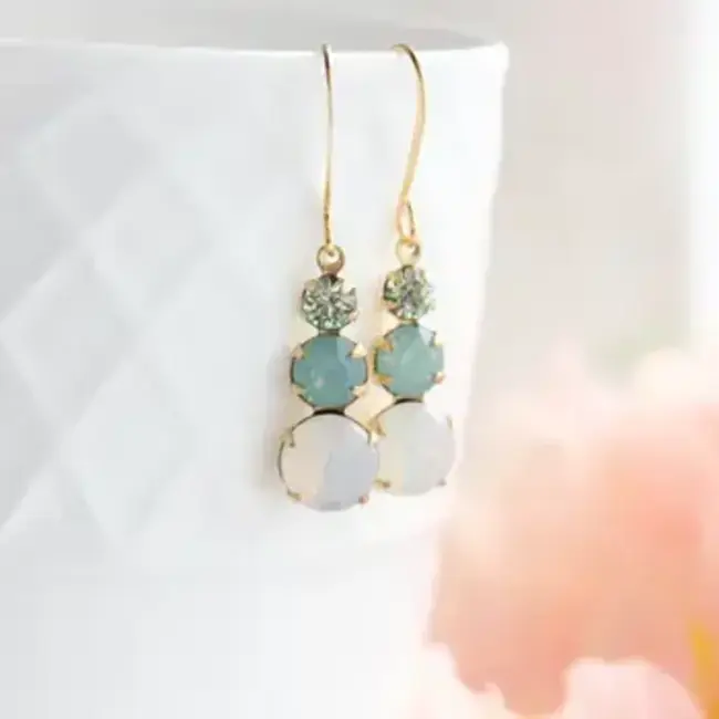 A Pocket of Posies Vintage Glass Earrings With Three Jewel - Aqua and Opal Glass