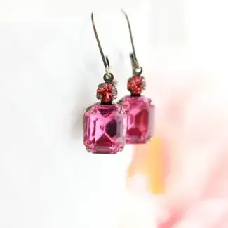 A Pocket of Posies Small Drop Earrings Vintage Glass - Deep Rose Pink