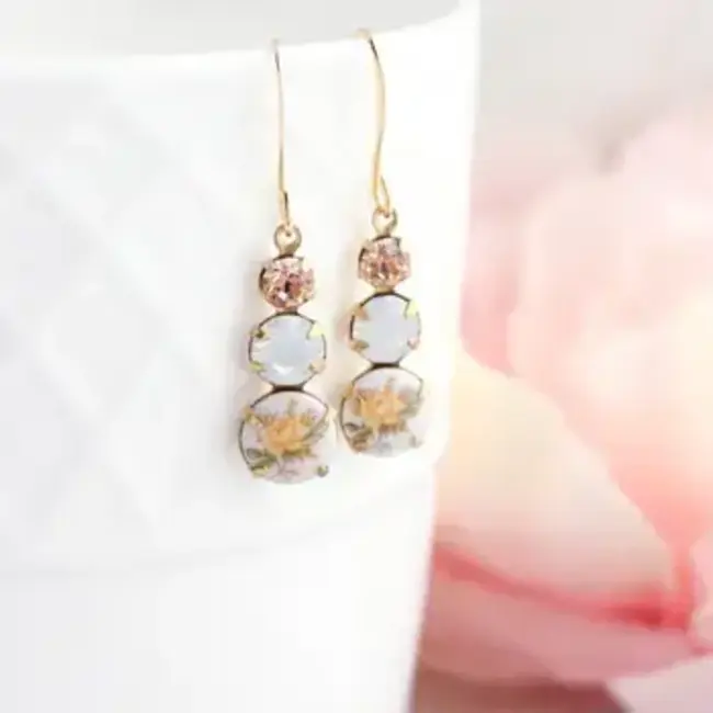 A Pocket of Posies Vintage Glass Earrings With Three Jewel - Yellow Rose