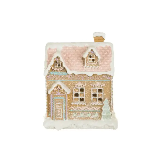 White/Pink Led Gingerbread House with Snowcapped Chimney