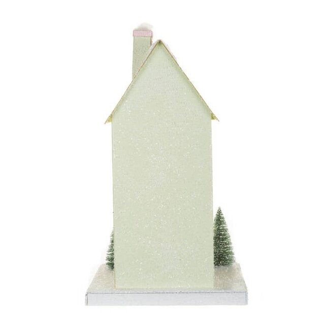 Green Illuminated House Display with Snowy Gold Roof