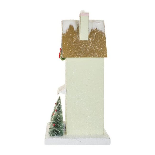 Green Illuminated House Display with Snowy Gold Roof