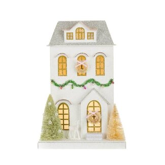 White Glittery Illuminated House Display With Wreaths