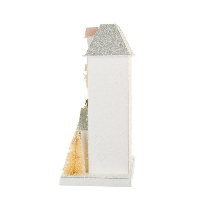 White Glittery Illuminated House Display With Wreaths