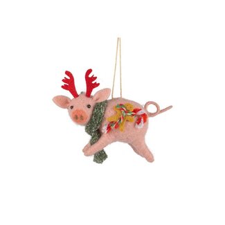 Felt Pig with Antlers Ornament - Pink