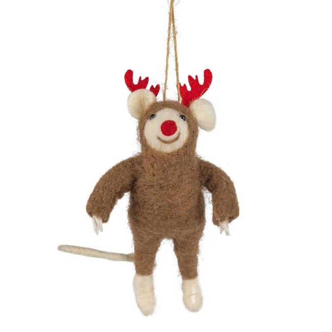 Felt Mouse in Reindeer Costume Ornament - Red Antlers