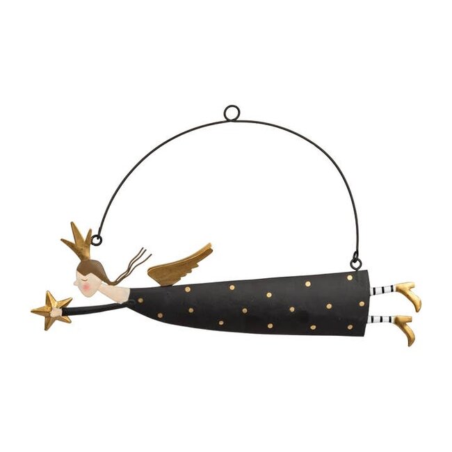 Metal Angel Ornament - Black with Gold Dots Flying
