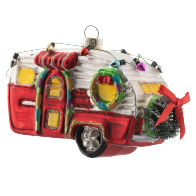 Red Camper Trailer Mercury Glass Ornament