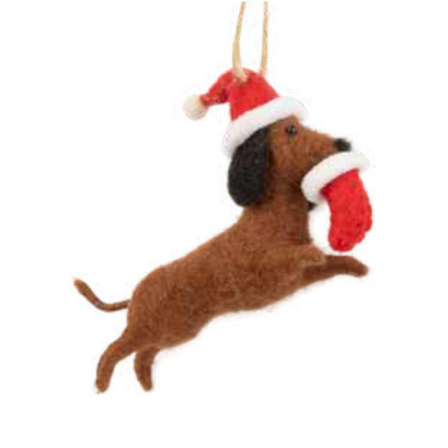 Brown Dog Ornament with Santa Hat