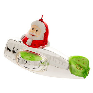 Airplane Santa Glass Ornament Green