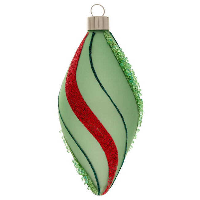 Glitter Striped Teardrop Glass Ornament Green