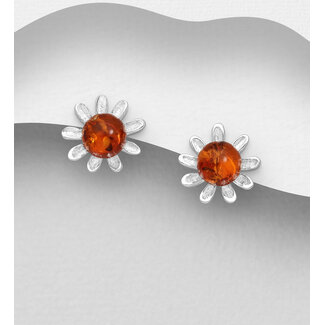 Sterling Sterling Flower Stud Earrings -Baltic Amber