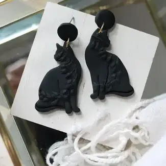 Petal & Posy Black Floral Cat Polymer Clay Earrings