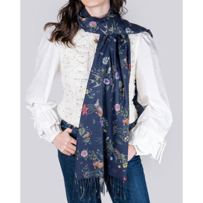 Fable England Navy Running Bunny Toile Fringe Scarf