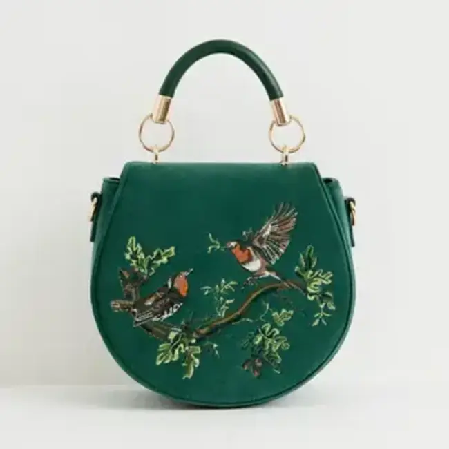 Fable England Robin Love Fern Green Velvet Embroidered Purse