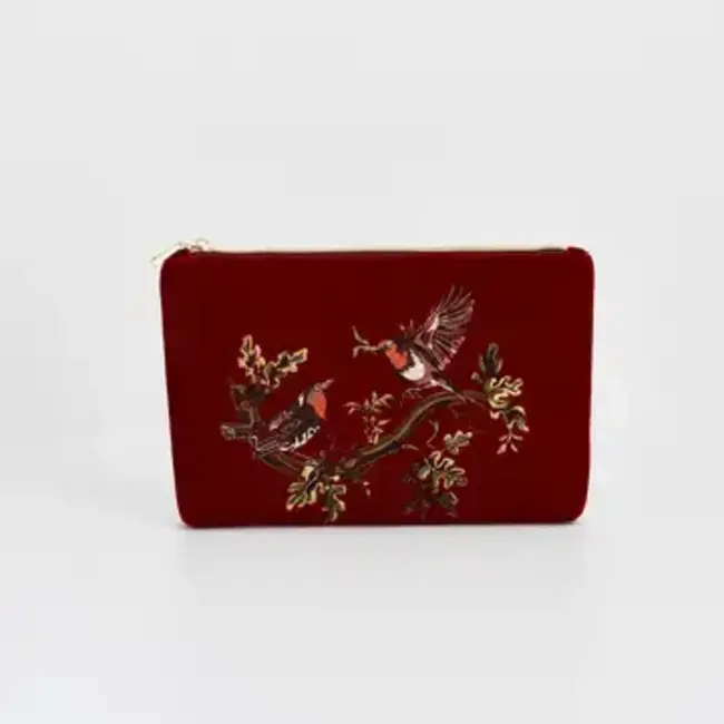 Fable England Robin Love Embroidered Red Medium Pouch