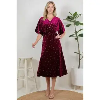 Golden Moon Star Velvet Wrap Midi Dress - Burgundy