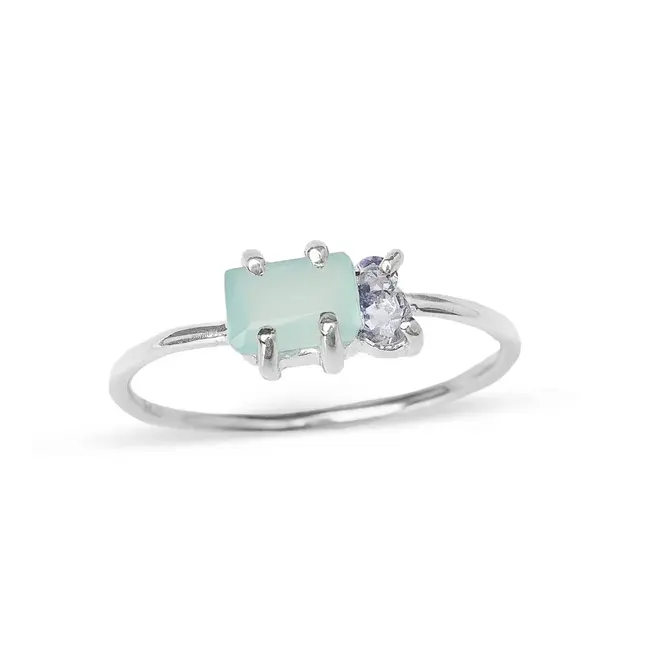 Heart and Lotus Inner Light Ring in Aqua Chalcedony, CZ + Sterling Silver