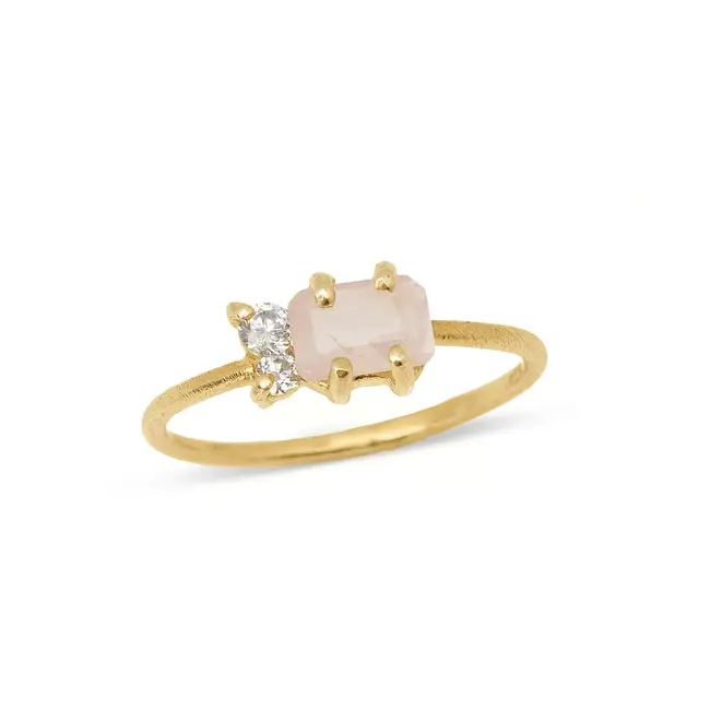 Heart and Lotus Inner Light Ring in Rose Quartz, Cubic Zirconia + Gold