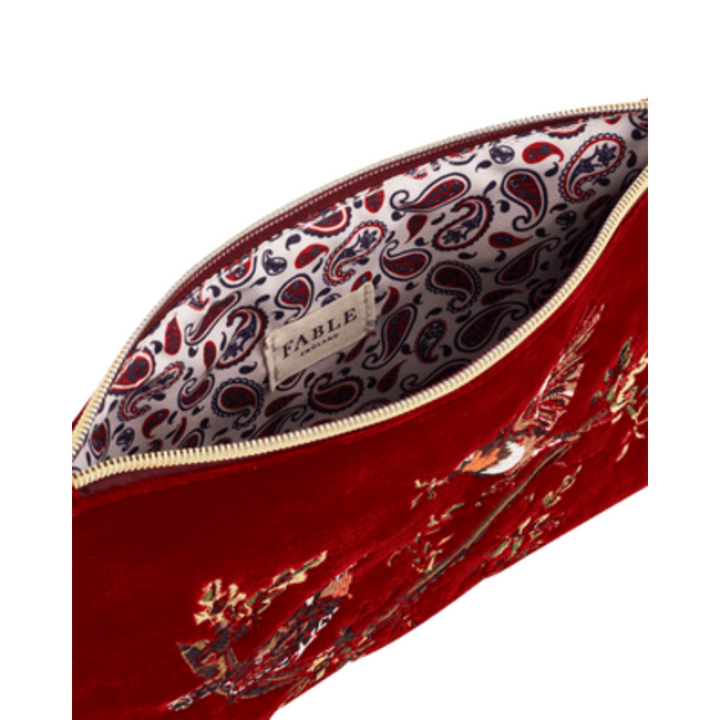 Fable England Robin Love Embroidered Red Medium Pouch
