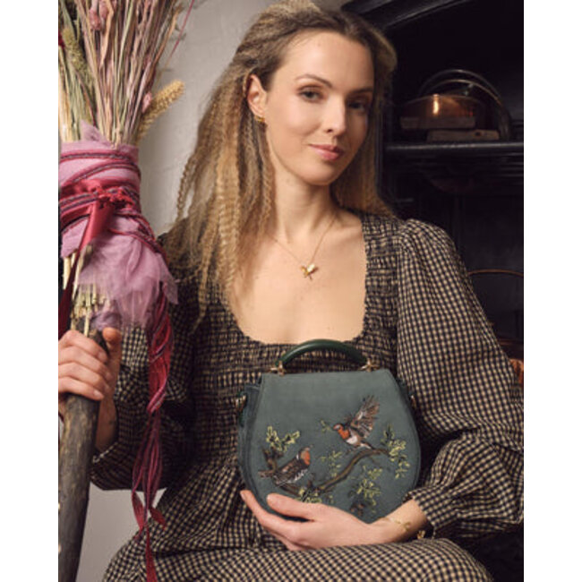 Fable England Robin Love Fern Green Velvet Embroidered Purse