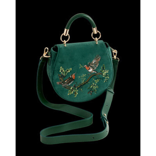 Fable England Robin Love Fern Green Velvet Embroidered Purse