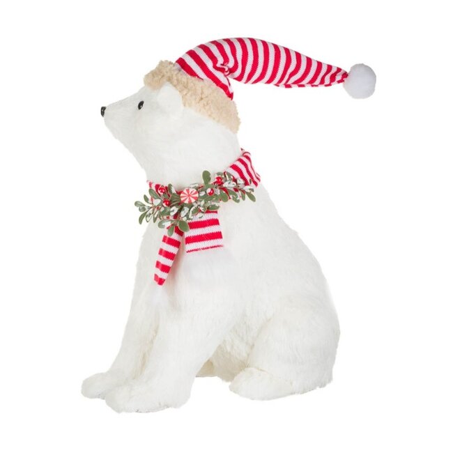 White Polar Bear Figurine with Peppermint Hat And Scarf