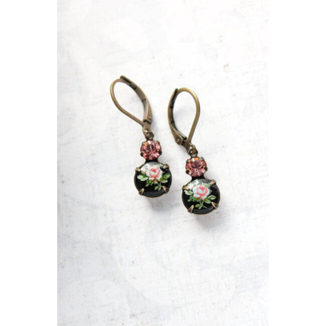 A Pocket of Posies Little Cameo Earrings - Vintage Glass  - Pink Rose on Black
