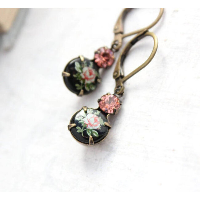 A Pocket of Posies Little Cameo Earrings - Vintage Glass  - Pink Rose on Black