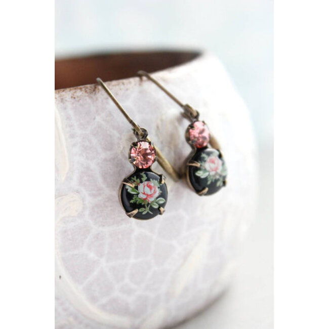 A Pocket of Posies Little Cameo Earrings - Vintage Glass  - Pink Rose on Black