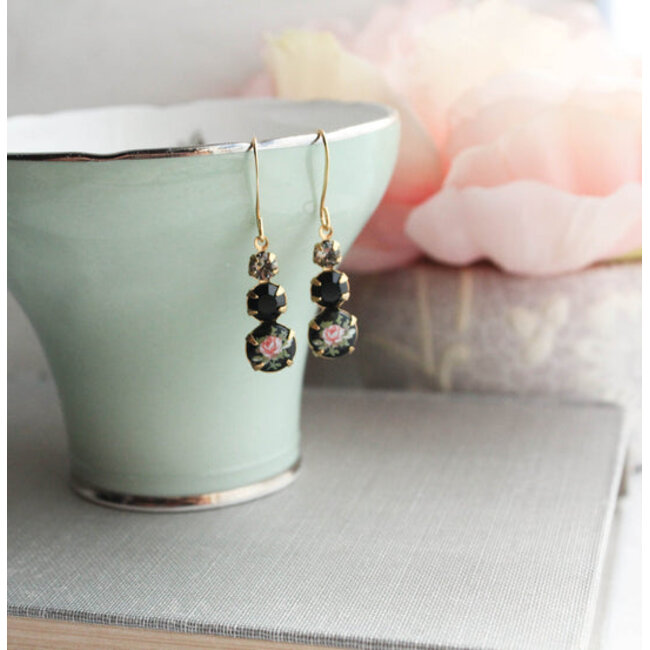 A Pocket of Posies Vintage Glass Earrings - Three Jewel - Black with Pink Rose