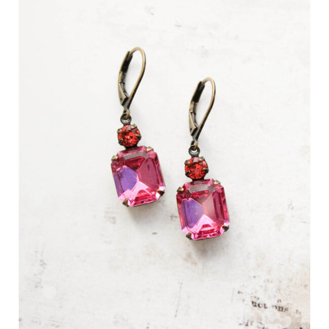 A Pocket of Posies Small Drop Earrings Vintage Glass - Deep Rose Pink