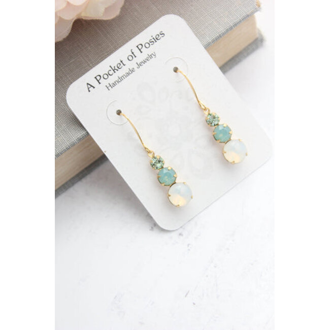 A Pocket of Posies Vintage Glass Earrings With Three Jewel - Aqua and Opal Glass