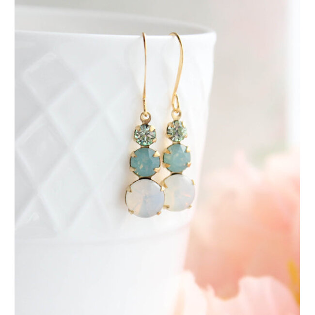 A Pocket of Posies Vintage Glass Earrings With Three Jewel - Aqua and Opal Glass