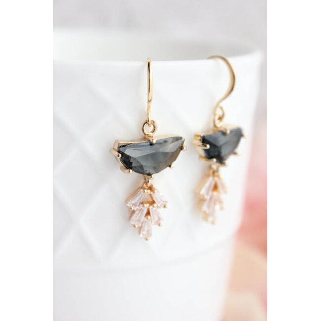 A Pocket of Posies Art Deco Earrings - Half Moon Sparkling Leaf Drop in Smoke Grey