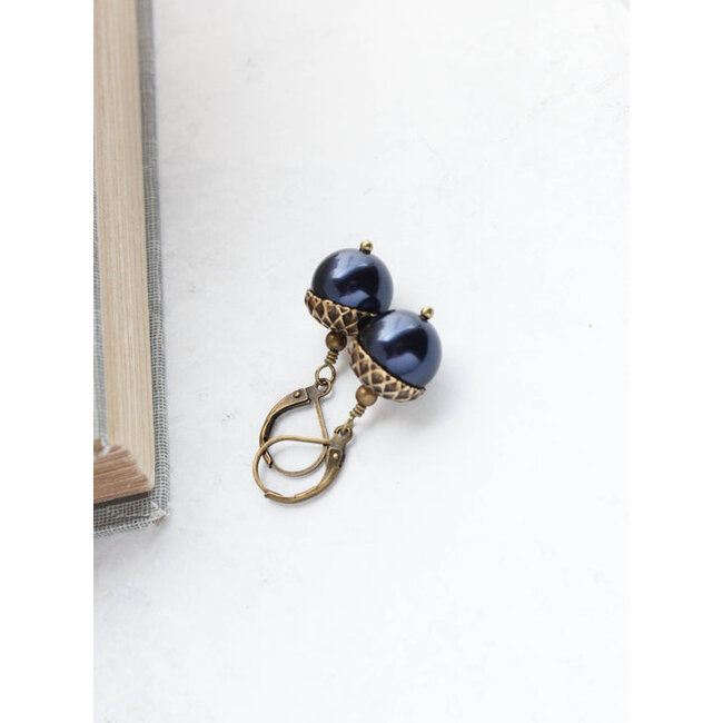 A Pocket of Posies Acorn Earrings Antiqued Brass in Midnight Blue