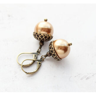 A Pocket of Posies Pearl Acorn Earrings - Antiqued Brass in Bright Gold