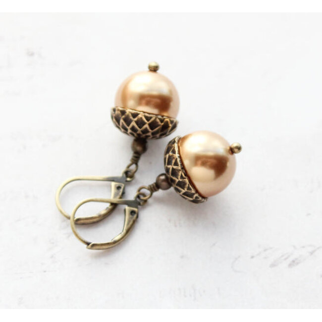 A Pocket of Posies Pearl Acorn Earrings- Antiqued Brass in Bright Gold