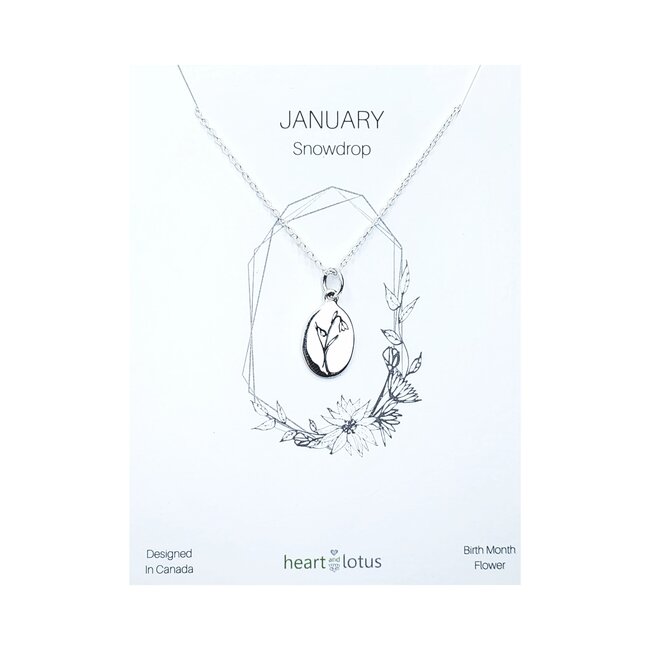 Heart and Lotus January Birth  Flower Necklace in Snowdrop + Sterling Silver