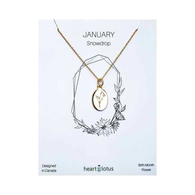 Heart + Lotus January Birth  Flower Necklace in Snowdrop + Gold