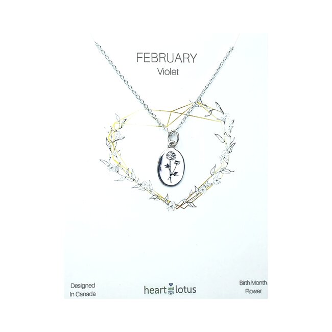 Heart and Lotus February Birth Flower Necklace in Violet + Sterling Silver