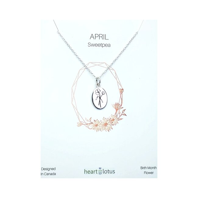 Heart and Lotus April Birth Flower Necklace in Sweetpea  + Sterling Silver